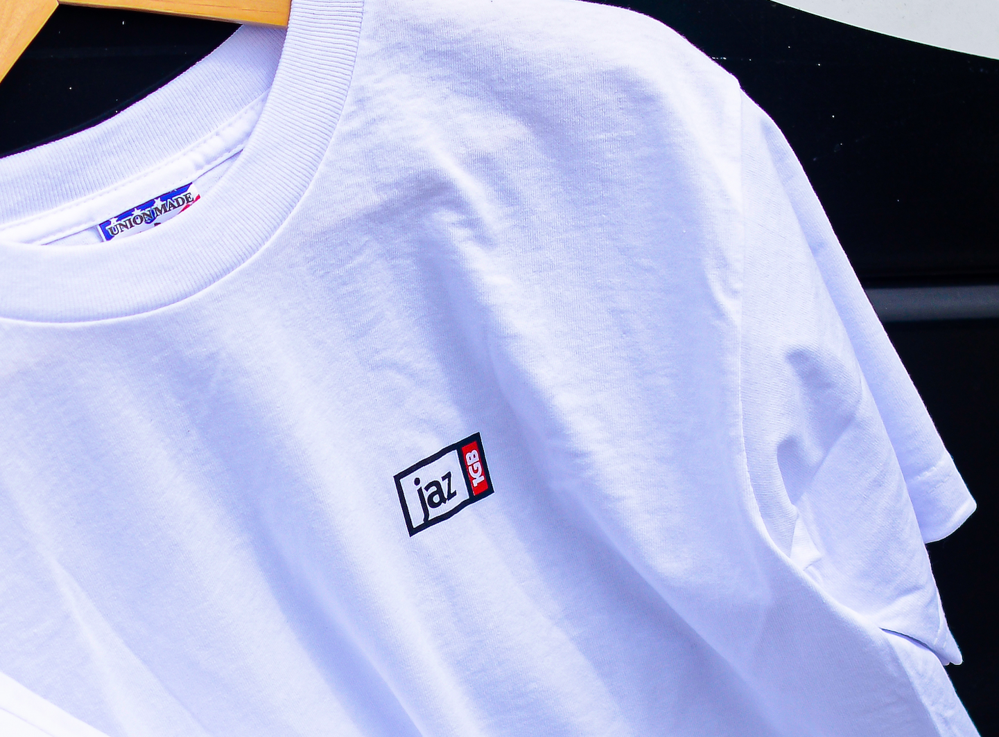 JAZ 1GB white t-shirt detail view, officially licensed THICCC SHIRT