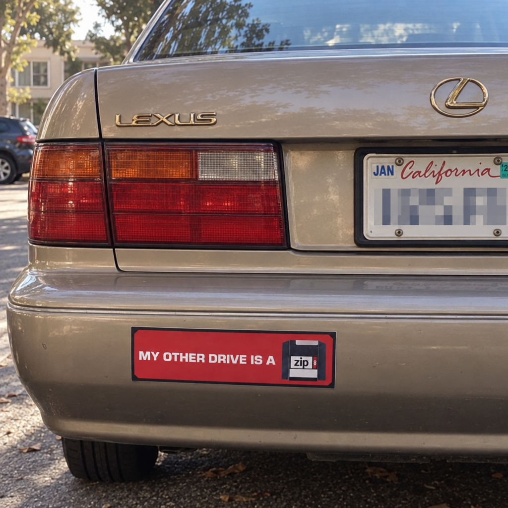 ZIP® RED BUMPER STICKER. 100MB.