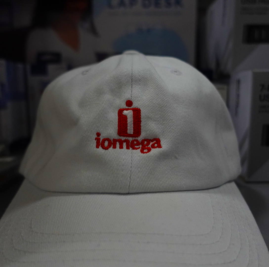 IOMEGA white dad hat side detail, officially licensed Iomega-era headwear