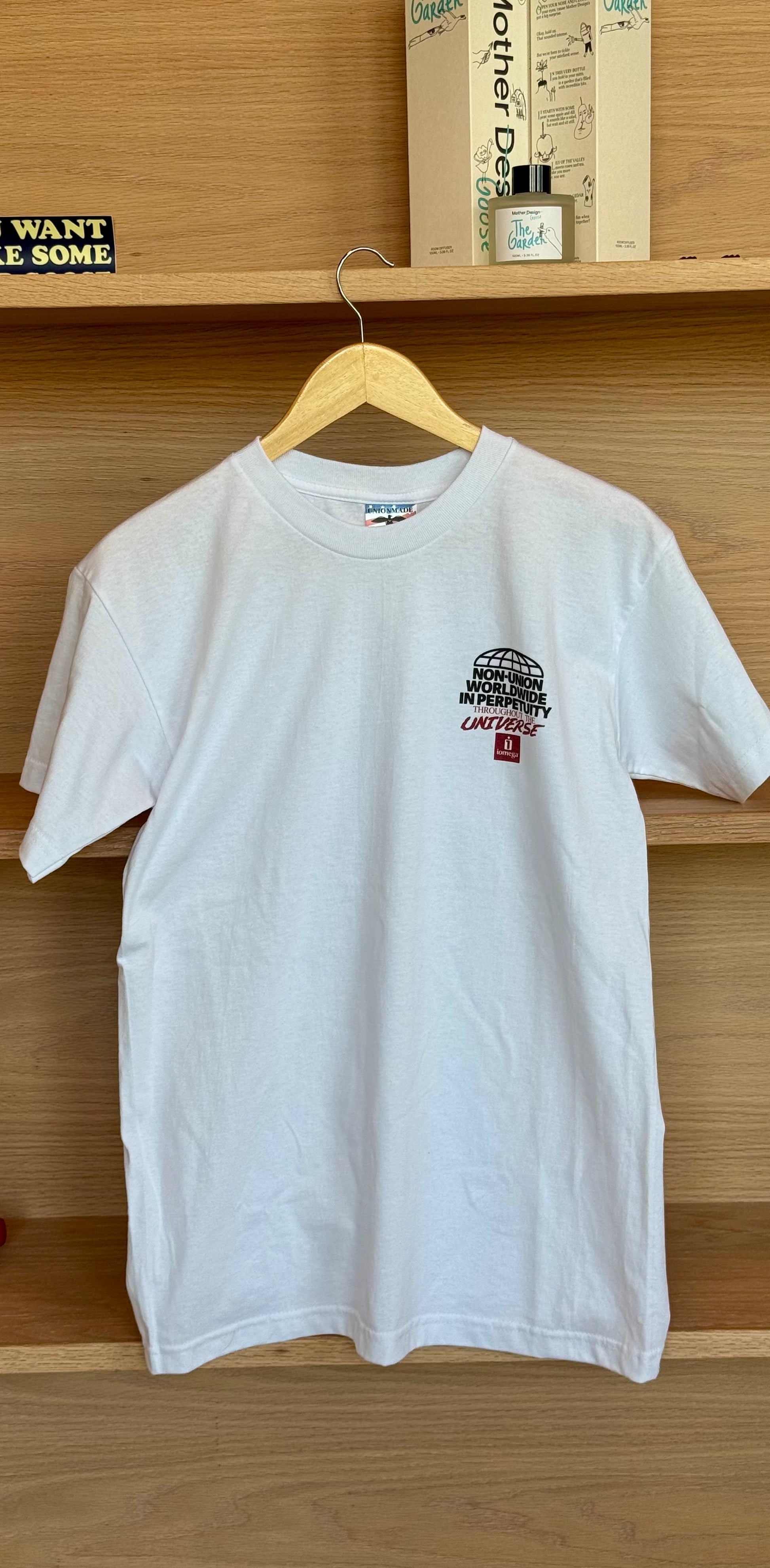 Officially licensed IOMEGA Non-Union T-Shirt in white, front view with embroidered brand logo