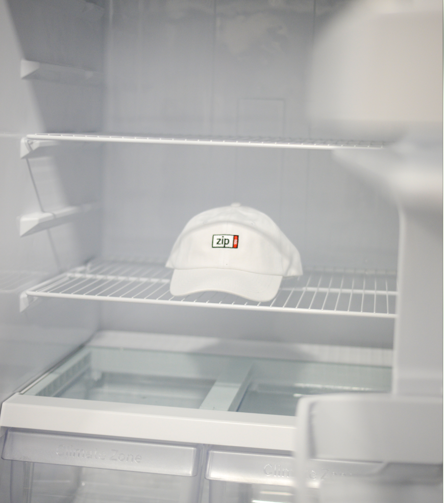 Officially licensed ZIP 100MB dad hat in clean white, 6-panel BOOM DADDY with embroidered logo