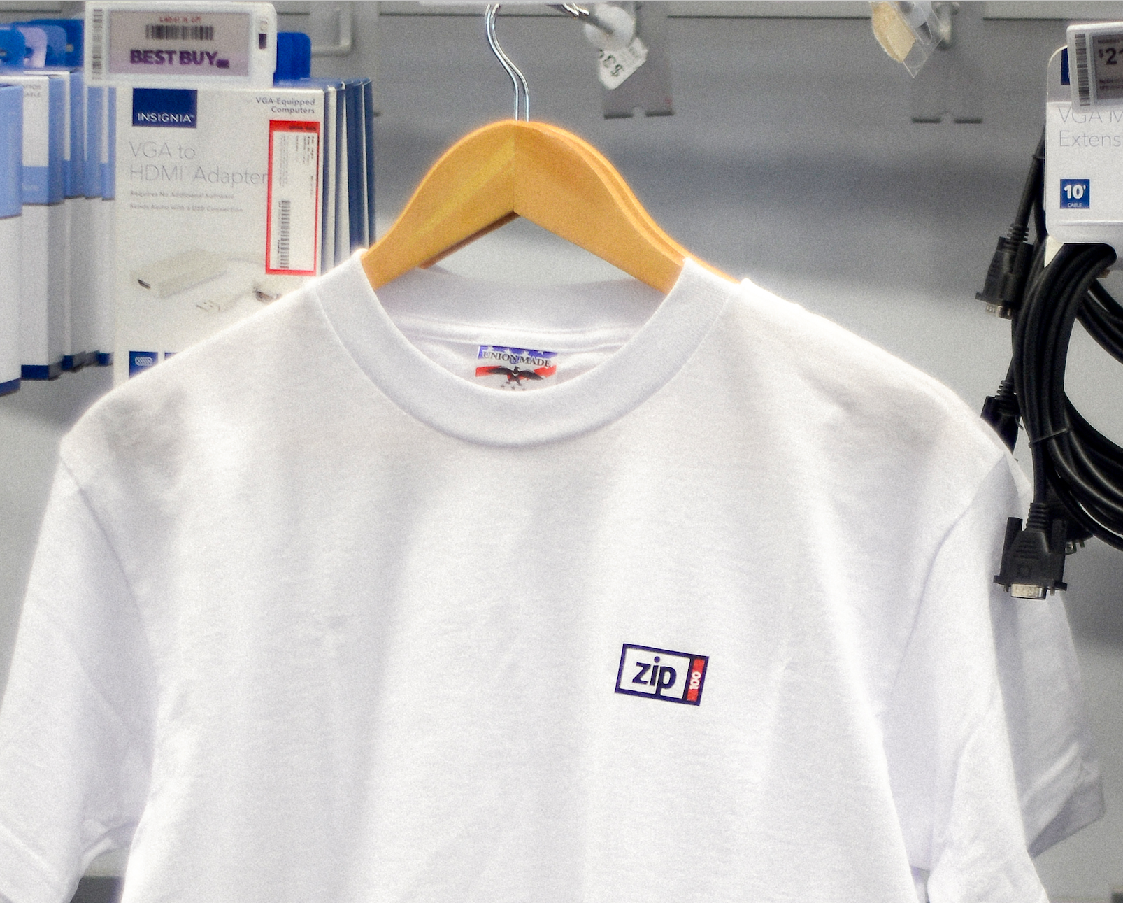 ZIP 100MB white t-shirt detail view, officially licensed Iomega-era apparel