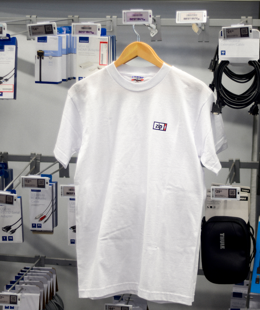 Officially licensed ZIP 100MB white t-shirt, front view with brand logo
