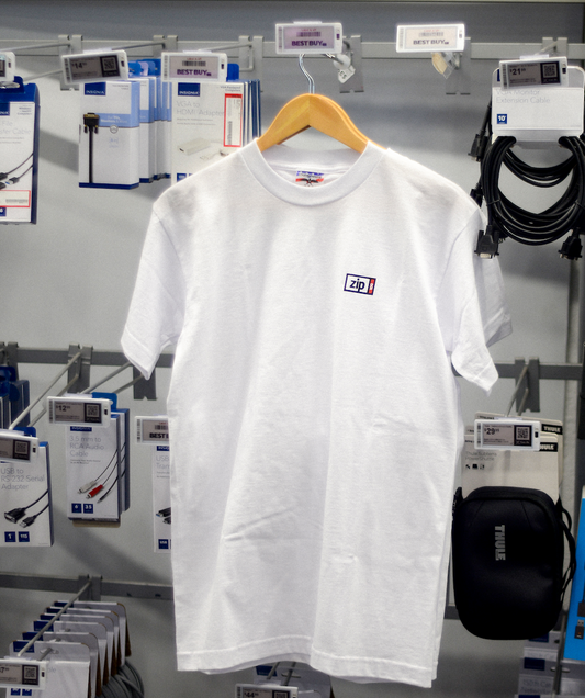 Officially licensed ZIP 100MB white t-shirt, front view with brand logo
