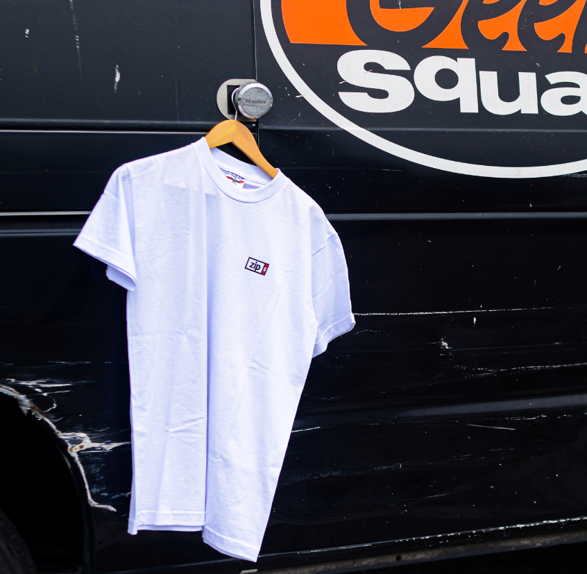 ZIP 100MB white t-shirt lifestyle view, officially licensed Iomega-era apparel